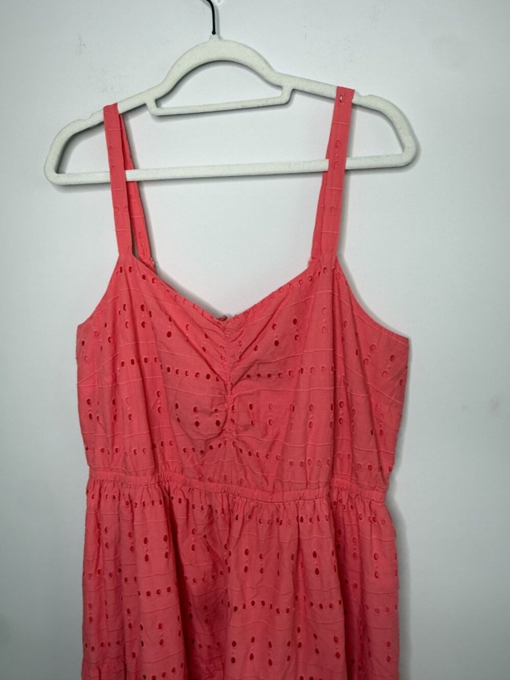 Lane Bryant Dress Size 18 Coral Eyelet Cotton Midi Sundress Tiered Ruched - Picture 7 of 9